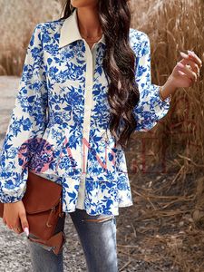 Blusa feminina de manga longa casual com decote em V e botão de linha única KISS ME ANGEL moda fresca azul - Product Image 2