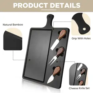 NISEVEN Bamboo Charcuterie Board with Handle Include 3 Stainless Steel Cheese Knife Thick Wooden Server Cheese Cutting Board