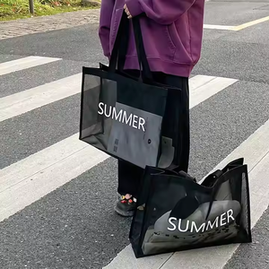 Biểu Tượng Tùy Chỉnh In Lưới Tote Túi Thị Trường Hàng Tạp Hóa Quần Áo Mua Sắm Túi <span class=keywords><strong>Nylon</strong></span> Net Bãi Biển Túi Xem Thông Qua Với Nút - Product Image 4