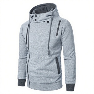 Sweat-shirt à capuche gris pour homme, coupe classique, en molleton tricoté coton-polyester, décontracté, pour l'hiver, respirant, avec boutons et fermeture éclair latérale - Product Image 2