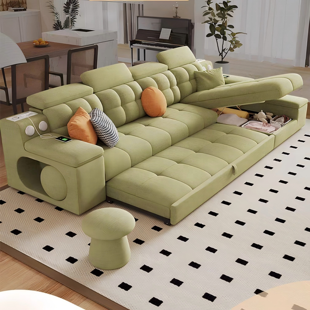 Chenille Convertible Sectional Sofa Bluetooth Speaker USB Charging Cloud Comfortable Cushions Storage for Living Room Furniture