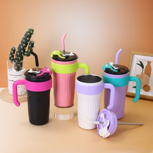 Gobelet à café isotherme de 860 ml avec poignée, corps rayé en acier inoxydable, paille métallique réutilisable, grande tasse de voyage sous vide - Product Image 2