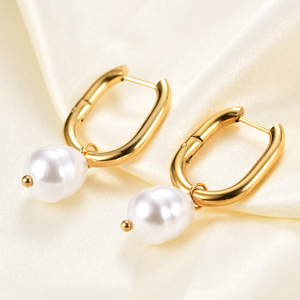 Huggie <b>Earrings</b> Gold Pearl Drop Women's Everyday Wear Stainless Steel <b>3mm</b> Hollow Geometric Shape Fashion Simple Pendant <b>Earrings</b> - Product Image 1