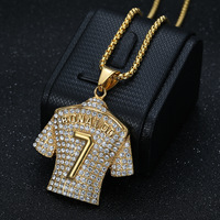 Collier Pendentif Hip Hop Star de Football Cristiano Ronaldo Neymar, Numéro 7 Portugal en Acier Inoxydable Doré, Perle et Cristal Dorés