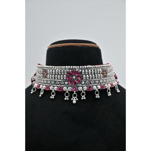 Ethnic Tibetan <b>Silver</b> <b>Choker</b> Necklace with Pink Crystal Flower Design Women's Jewelry Vintage Gift - Product Image 3