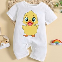 Romper Bayi Ramah Lingkungan Summer Infant, Kerah Bulat Motif Bebek, 100% Katun, Lengan Pendek, Putih, Untuk Bayi Laki-laki & Perempuan, Kancing Tekan di Selangkangan