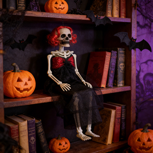 Scheletro Femminile Gotico Sospeso con Articolazioni <span class=keywords><strong>Mobili</strong></span>, Parrucca Rossa e Vestito Nero in Plastica per Halloween, Decorazione per Casa Stregata, Giardino e Prato - Product Image 1