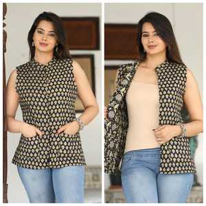 Women Black Gold Ethnic Print Quilted Cotton Sleeveless Jacket Reversible <b>Waistcoat</b> Lightweight Classic Fit Daily Wear - Product Image 3