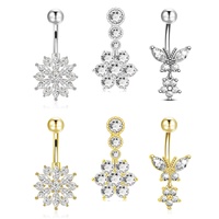 Anneaux de nombril en acier chirurgical 316L avec papillon et fleur en CZ, 14G, zircone cubique transparente, bijoux de piercing pour femmes