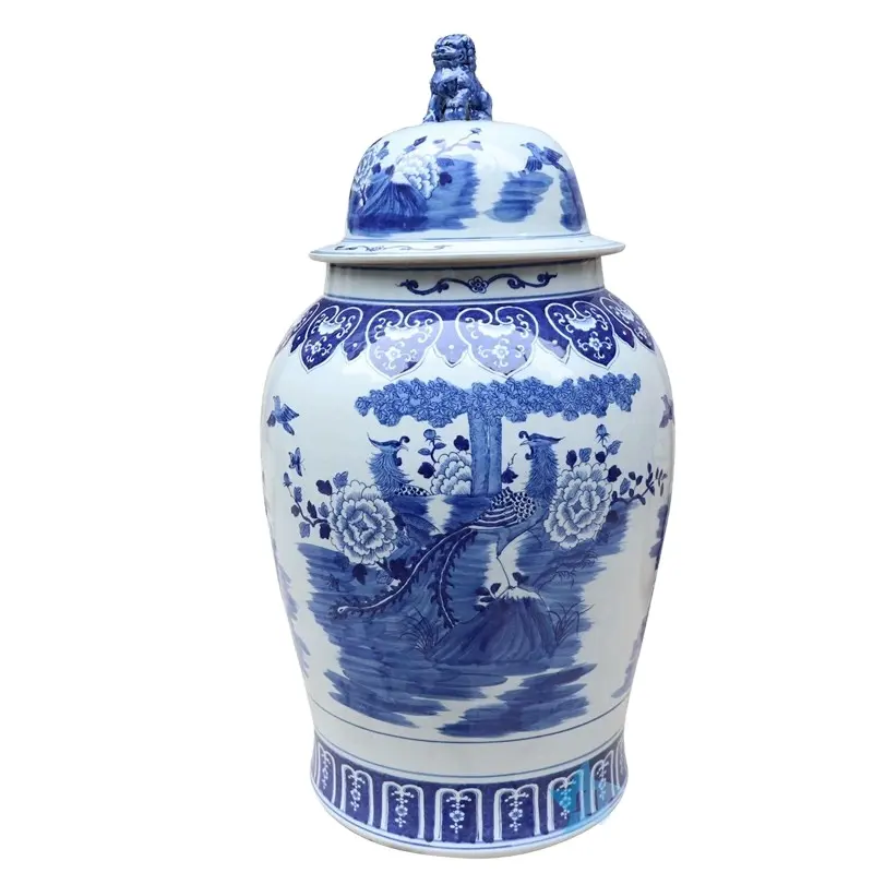 RYLU177-C Shengjiang blue and white phoenix and peony design ceramic potiche jar