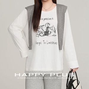 Happy Plus Lace Patchwork Loose <b>Long</b> Sleeve <b>T</b>-<b>Shirt</b> Women Plus Size Cartoon Print White <b>Black</b> Solid Color N9102 - Product Image 1