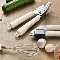 Ensemble d'ustensiles de cuisine en acier inoxydable avec logo personnalisé, poignée blanche, comprenant éplucheur, ouvre-boîte, coupe-pizza et plus encore
