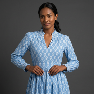 Blue Printed Cotton Maxi <b>Dress</b> with Shirred <b>Ruffle</b> Hem Long Sleeve V-Neck Regular Fit Formal Spring Summer <b>Dress</b> - Product Image 2