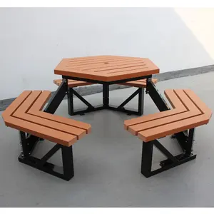 户外金属和再生塑料公共公园六角大楼户外桌子和长凳主题公园家具木桌