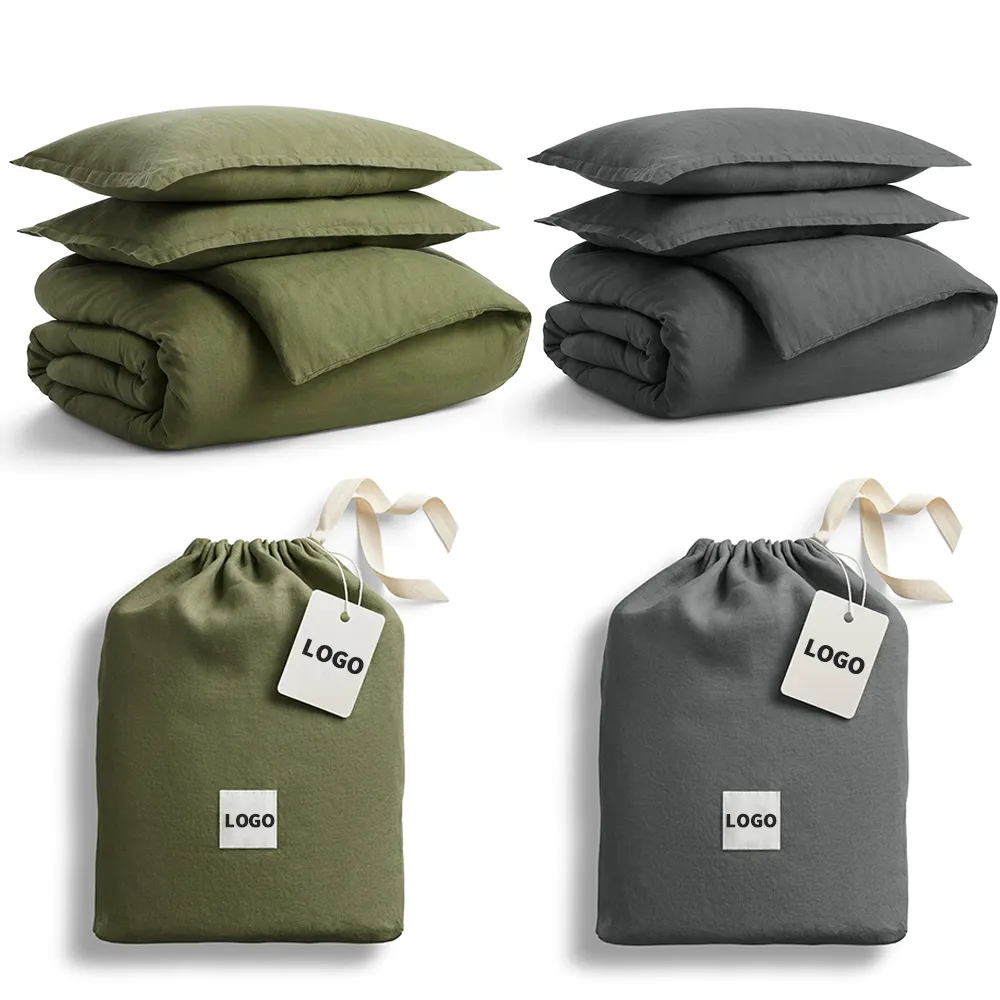French Stone gewaschene Bettdecke Französisch 100% Flachs Nature Style Spann betttuch Kissen bezug Custom LOGO Leinen Bettwäsche Set für Schlafzimmer