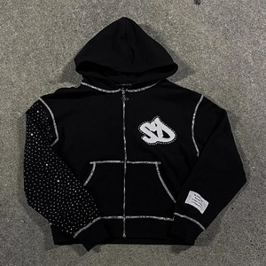 Felpa da Uomo con Cappuccio, Zip Intera, Strass su Tutta la Superficie, Ricami, Stampa Serigrafica, Toppa Effetto Vissuto e Cuciture a Contrasto - Product Image 1
