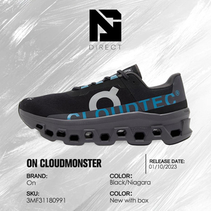 Chaussures de marche On Cloudmonster Black Original Comfort, style noir, en mesh respirant, à lacets. - Product Image 6
