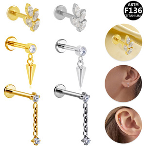 <b>Titanium</b> Lip <b>Stud</b> Earring G23 Spike Zirconia Pendant Minimalist Style For Daily Wear ASTM F136 <b>Titanium</b> Alloy - Product Image 1