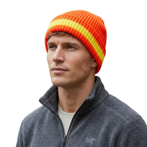 Gorro de Punto a Rayas Naranja y Amarillo, 100% Acrílico, Tejido a Mano, Invierno, Casual, para Exteriores, Hombre Adulto, 56-58CM de Circunferencia de Cabeza, 2027 - Product Image 1