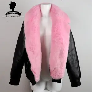 Furealux Women Winter Pink Coat Natural Real Fox Fur Collar With Sheepskin Leather Jacket Fashion Ladies Warm Luxury Coat