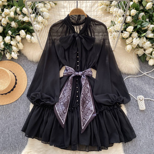 Abito da donna alla moda in seta con fiocco in pizzo gonna corta manica lanterna e stampa leopardata per l'estate - Product Image 2