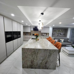 Modern Minimalist Marble <b>Island</b> <b>Table</b> with Polished Stone Countertop for Stylish Kitchen Workspace and Breakfast bar - Product Image 1