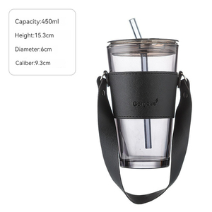 Tasses à café en verre anti-brûlure de 400 ml/450 ml avec paille, manchon en cuir portable et soucoupes à thé avec poignée – Vente en gros - Product Image 2
