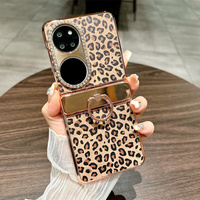 Funda de Lujo para P50 Pocket con Anillo y Soporte, Diseño de Leopardo con Diamantes, Electrochapada, Plegable, Protección Total a Prueba de Golpes