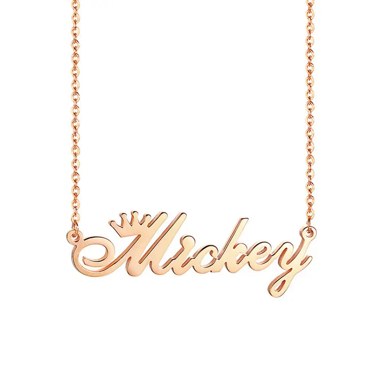 Custom Stainless Steel Girls Or Boys Sturdy Rose Gold English Personalized Crown Mickey Name Necklace
