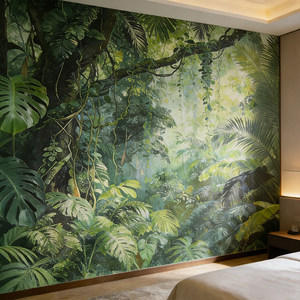 Mural de Pared Personalizable con Diseño Art Deco de Bosque Tropical Primitivo, Planta Gigante de Monstera y Palmera, Paisaje de Selva - Product Image 4