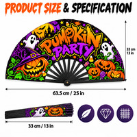 Éventail Pliant Premium en Bois et Bambou, 13 Pouces, Motif Citrouille, pour Fêtes d'Halloween et Événements de Rue, Imprimé
