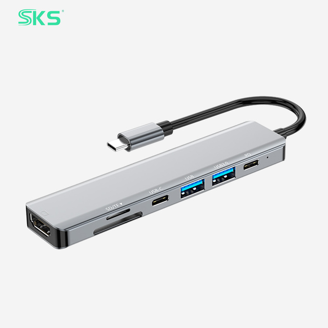 7 in 1 USB C Hub Multiport Adapter 4K for 2 USB 3.0 SD TF Card Reader Data Port Fast Charging for Computer Earphone