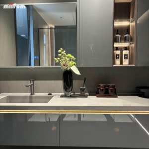 משטח לכה מבריק אפור גבוה ואגן משולב סוג אחד ארון אמבטיה עם מראה חכמה - Product Image 4