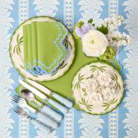 Vente en gros de linge de table vert festonné personnalisé avec bordure bleue Serviette de table de haute qualité pour banquets, repas à domicile et restaurant