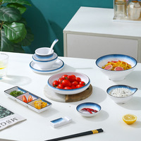 Ensemble de vaisselle jetable en mélamine A5, design moderne et créatif, bleu marine et blanc, résistant aux chocs, comprenant bol à nouilles, tasse et cuillère, vente en gros