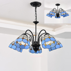 Lustre méditerranéen stratiforme à 3 lumières en fer forgé bleu clair avec mosaïque de verre en cristal pour villa côtière ou bistrot - Product Image 5