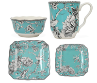 Service de vaisselle en céramique vintage turquoise à motif floral et oiseaux, 16 pièces, assiettes carrées, bols, tasses, cadeau de mariage, vente en gros pour hôtels et restaurants