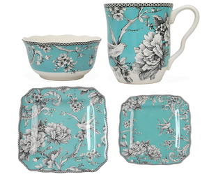 Vintage Turquoise Floral Bird Ceramic Dinnerware Set 16-Piece <b>Square</b> Plate Bowl Mug Set Wedding Gift Hotel Restaurant Wholesale - Product Image 1