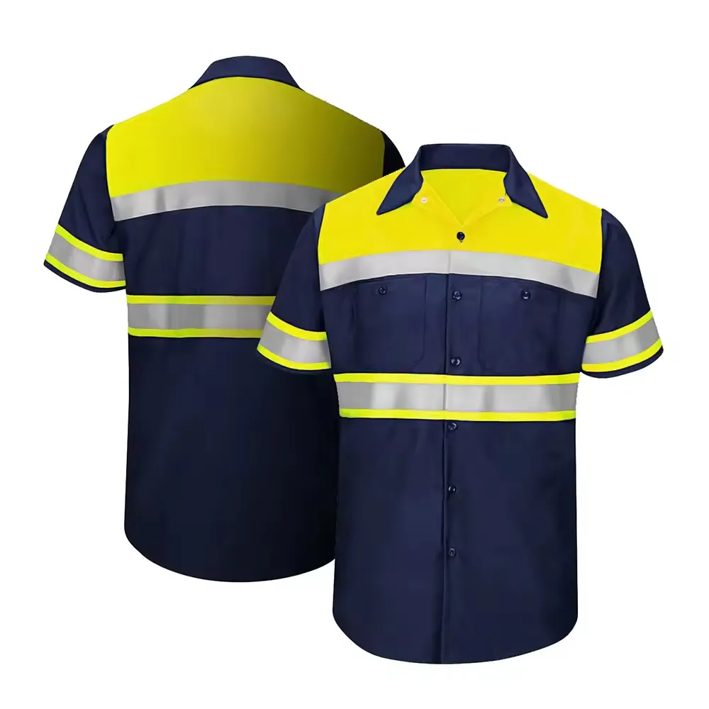 Two Tone Short Sleeve Safety Work Shirt Reflective Workwear 100% Cotton Yellow Navy Safety Shirts With Hi Vis Tapes