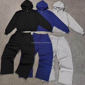 Ensemble de survêtements personnalisés en gros : sweat à capuche vierge en coton molletonné et pantalon droit ample décontracté pour hommes - Product Image 1