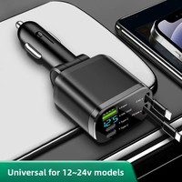 Chargeur de voiture intelligent 5-en-1 à charge rapide avec câble rétractable intégré, ports USB Type-C et affichage numérique, compatible avec les véhicules courants