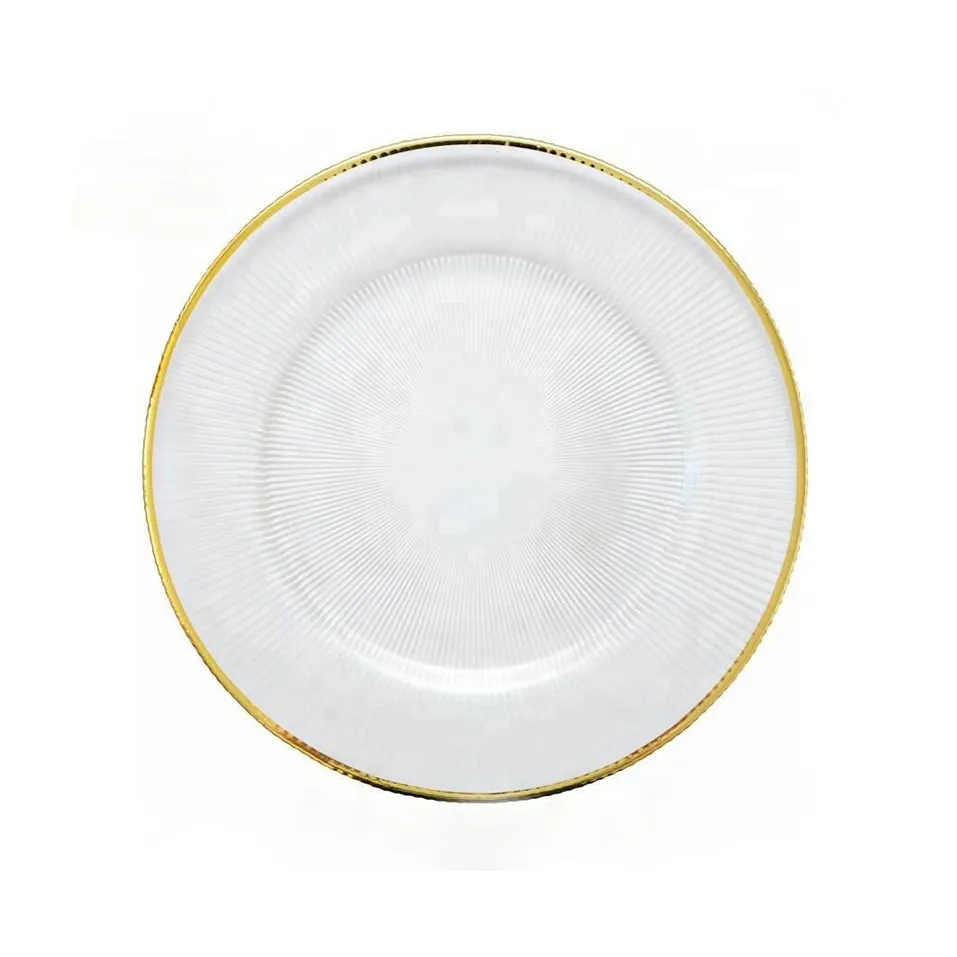 modern gold rim glass charger plate/13'' wedding table glass charger plate for hotel restaurant serving dishes