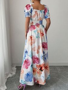 Robe longue femme à imprimé floral coloré, manches bouffantes, col carré, taille naturelle, écologique, pour l'été, la plage, les fêtes et les vacances - Product Image 4