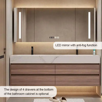 Meuble de salle de bain moderne 2026 en panneaux de bois résistants à l'eau, simple ou double, avec miroir LED et lavabo, idéal pour villas et appartements
