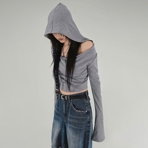 Sudadera con hombros descubiertos estilo wasteland, ambiente relajado, top corto de manga larga, color liso, minimalista, sexy, estilo urbano, camiseta de otoño - Product Image 5