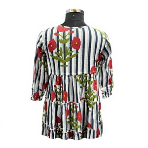 <b>Striped</b> Floral Embroidered Bohemian Maxi <b>Dress</b> 100% Cotton Tiered Breathable Summer ODM <b>Blue</b> <b>White</b> Long Sleeve - Product Image 3