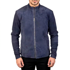 <b>Men</b> Navy Blue <b>Suede</b> <b>Jacket</b> Premium Casual Zip Up Stand Collar Fashion Outerwear - Product Image 1