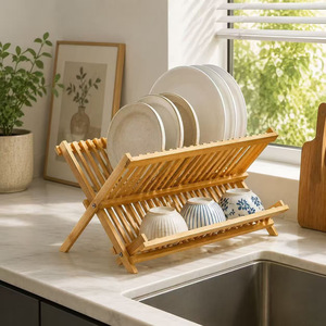 Bamboo Dish Rack 2 Tier <b>Collapsible</b> Kitchen Draining Rack For Plates Cups <b>Storage</b> - Product Image 1