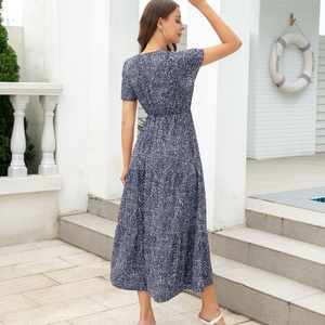 Robe d'été élégante pour femmes, jupe fendue, imprimé léopard personnalisé, col en V profond, manches courtes, décoration en dentelle, midi, écologique - Product Image 6