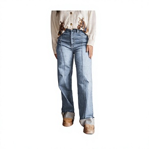 Jean taille haute pour femme, coupe large, respirant, en denim bleu clair, ourlet retroussé, délavé vintage, décontracté, coupe régulière, longueur pleine, été - Product Image 2